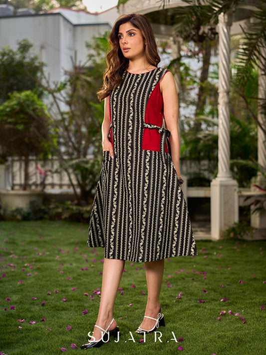 Classic Black & Off-White Floral-Stripe Printed Dress with Contrast Red Panels
