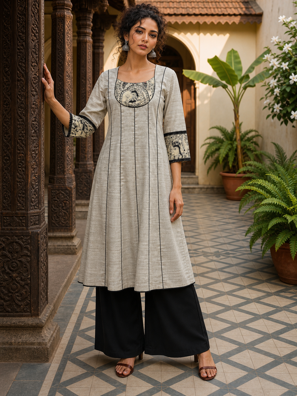 Timeless Beige Handloom Cotton Panel Kurta with Madhubani Printed Yoke & Contrast Black Piping Detail