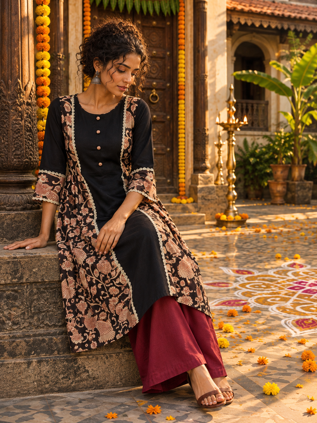 Elegant Black Cotton Kurta with Kalamkari Print Front Panel & Contrast Lace Trim