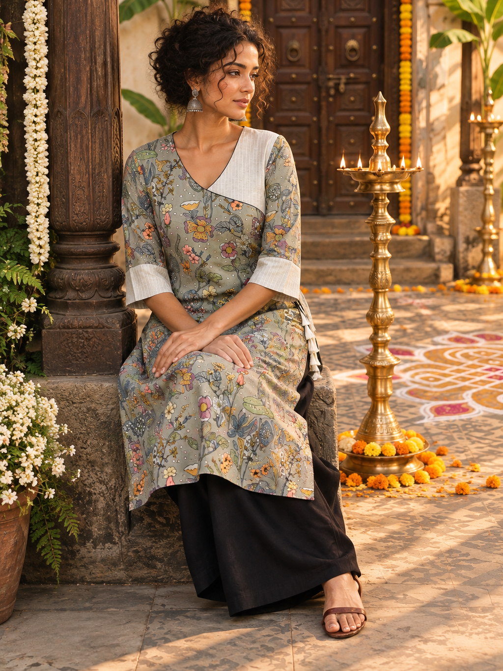 Grey Kalamkari Printed Angarkha Style Kurta with Pin-tucked Yoke & Cuffs