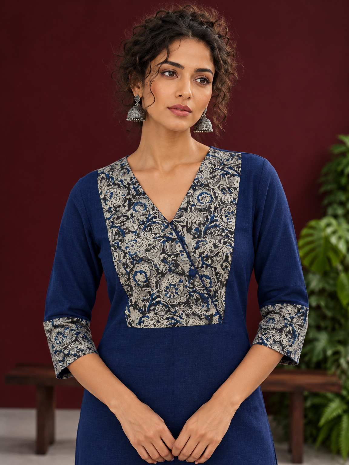 Elegant Navy Blue Kurta with Contrast Kalamkari Print Yoke and Matching Sleeve Cuffs — fabric detail — view 3