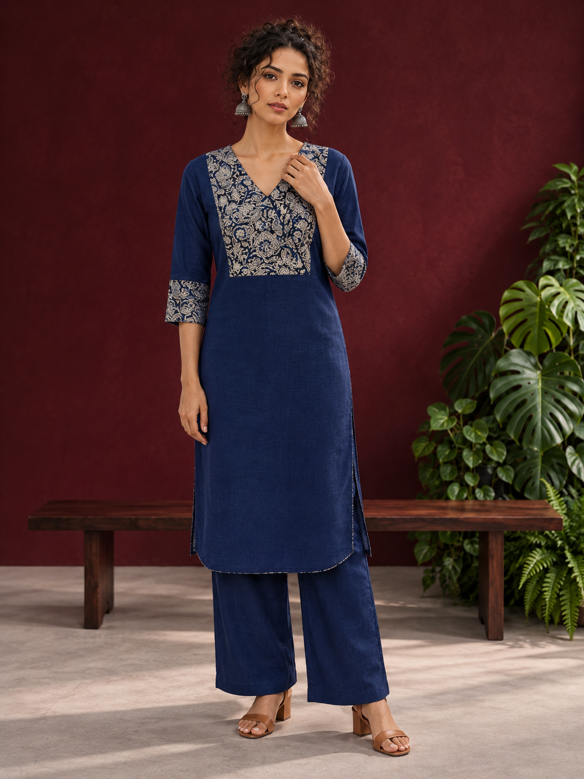 Elegant Navy Blue Kurta with Contrast Kalamkari Print Yoke and Matching Sleeve Cuffs — front view — view 4