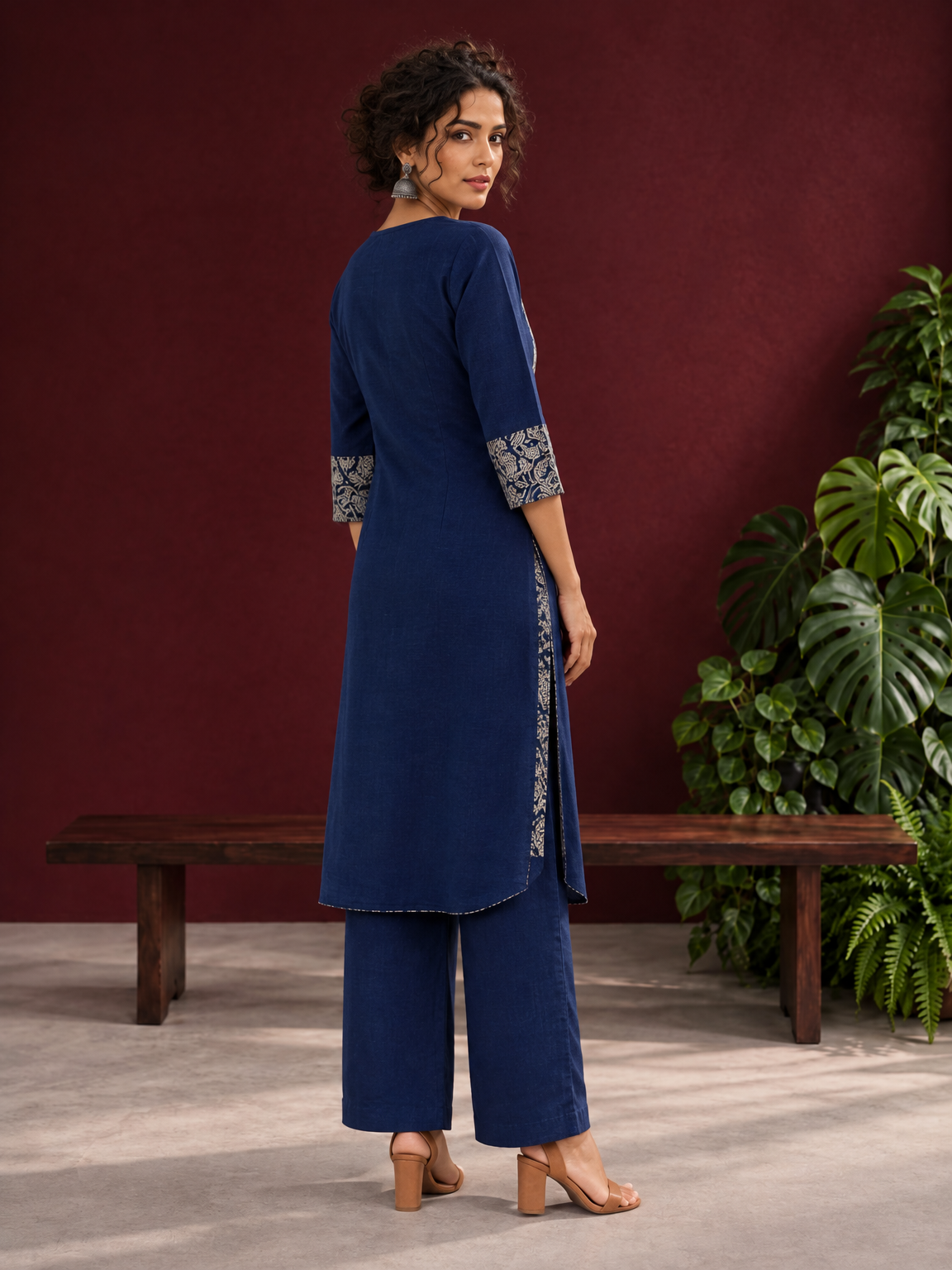 Elegant Navy Blue Kurta with Contrast Kalamkari Print Yoke and Matching Sleeve Cuffs — back view — view 2