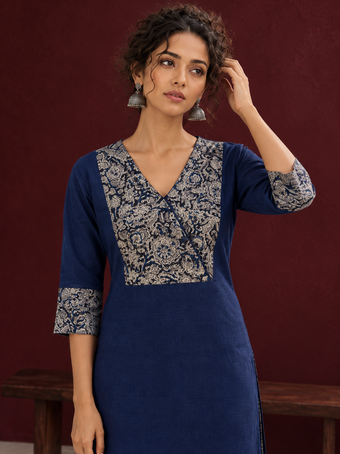 Elegant Navy Blue Kurta with Contrast Kalamkari Print Yoke and Matching Sleeve Cuffs — styled view — view 5