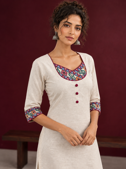 Timeless Off-White Cotton Kurta with Handpainted Madhubani overlapping Neckline & Matching Sleeve Cuffs — fabric detail