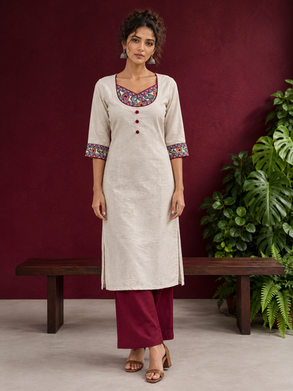 Timeless Off-White Cotton Kurta with Handpainted Madhubani overlapping Neckline & Matching Sleeve Cuffs — front view
