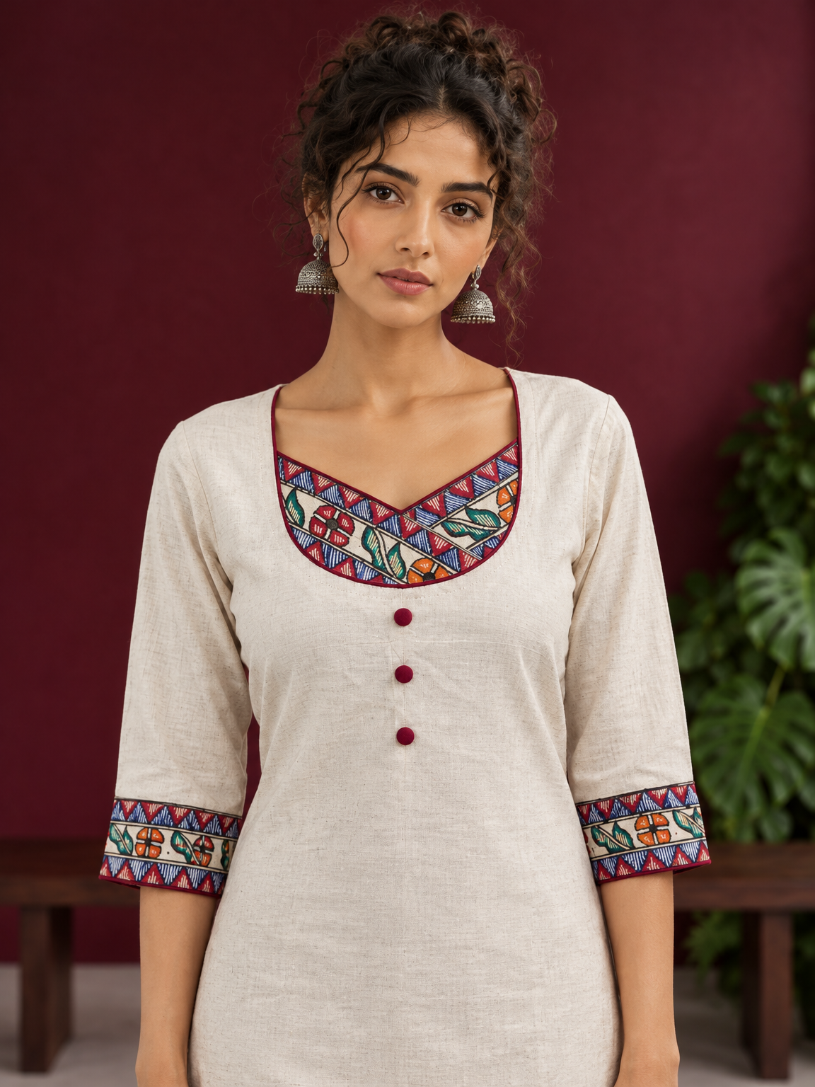 Timeless Off-White Cotton Kurta with Handpainted Madhubani overlapping Neckline & Matching Sleeve Cuffs — styled view — view 5