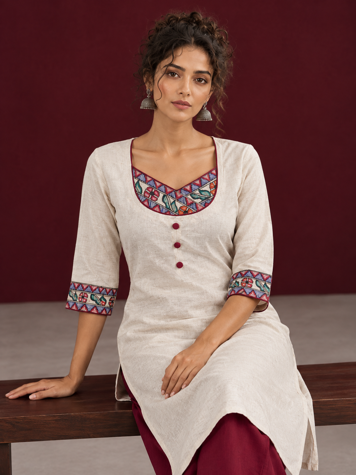 Timeless Off-White Cotton Kurta with Handpainted Madhubani overlapping Neckline & Matching Sleeve Cuffs — seated detail — view 6