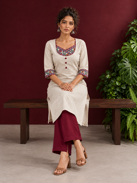Timeless Off-White Cotton Kurta with Handpainted Madhubani overlapping Neckline & Matching Sleeve Cuffs — seated