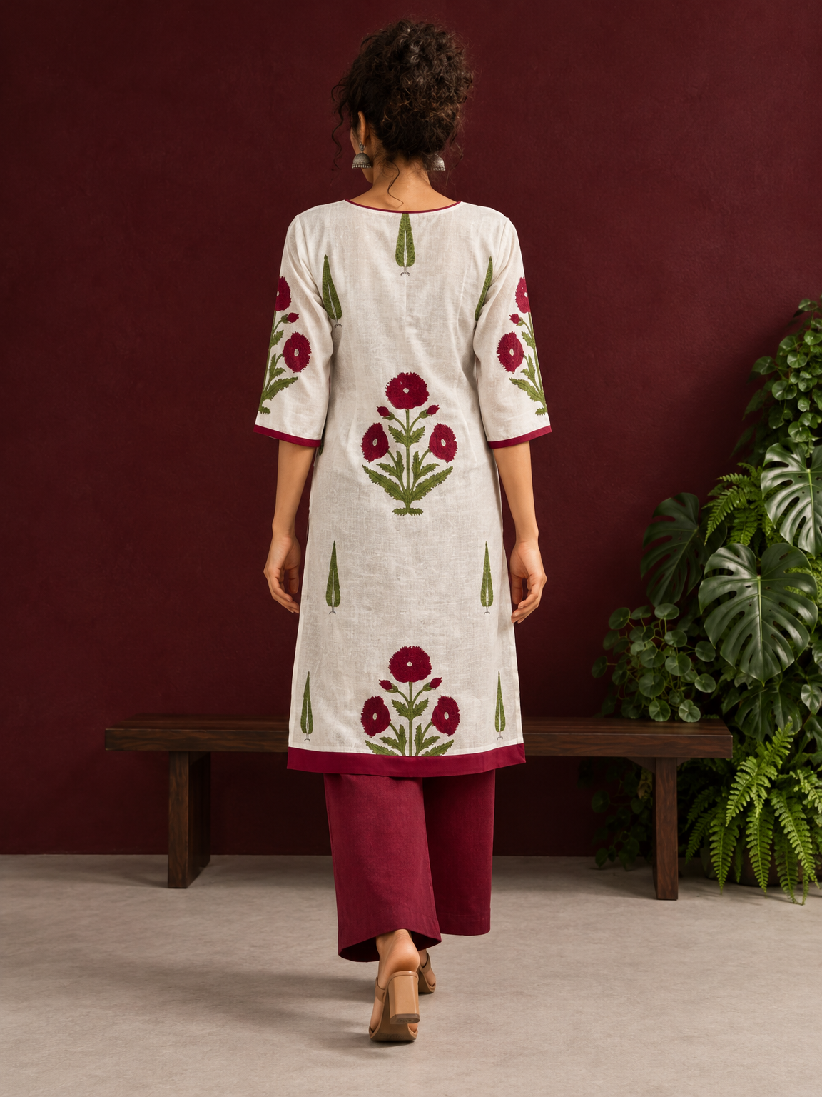 White Cotton Kurta with Hand Block Printed Red Floral Motifs and red Keyhole Neckline Trim — back view — view 2