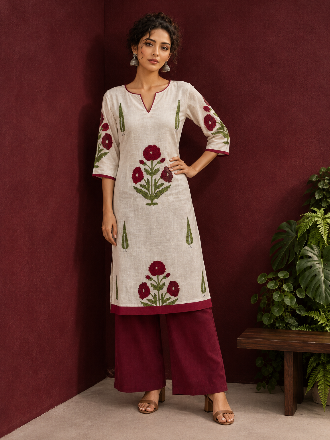 White Cotton Kurta with Hand Block Printed Red Floral Motifs and red Keyhole Neckline Trim — front view