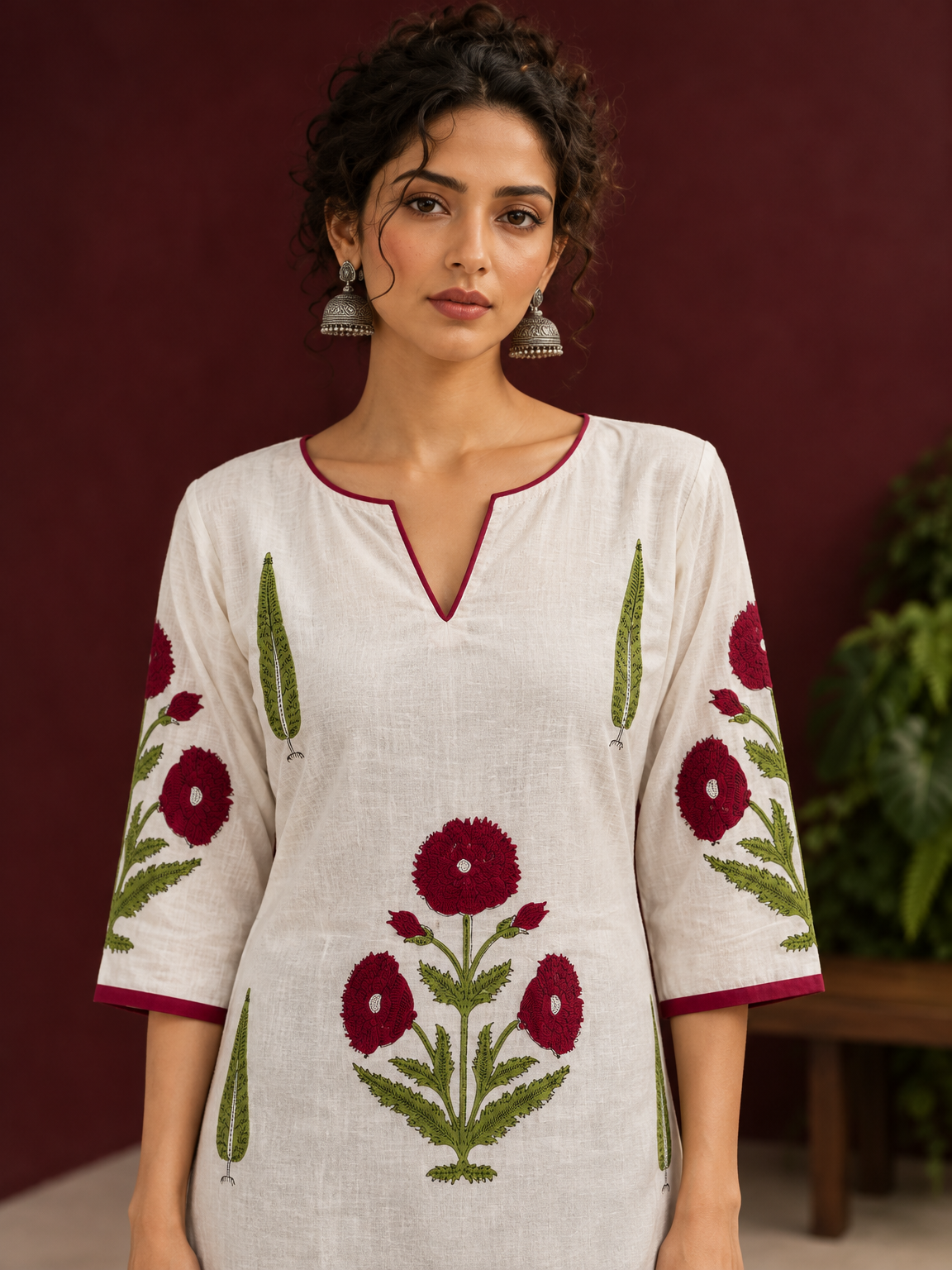 White Cotton Kurta with Hand Block Printed Red Floral Motifs and red Keyhole Neckline Trim — fabric detail — view 3