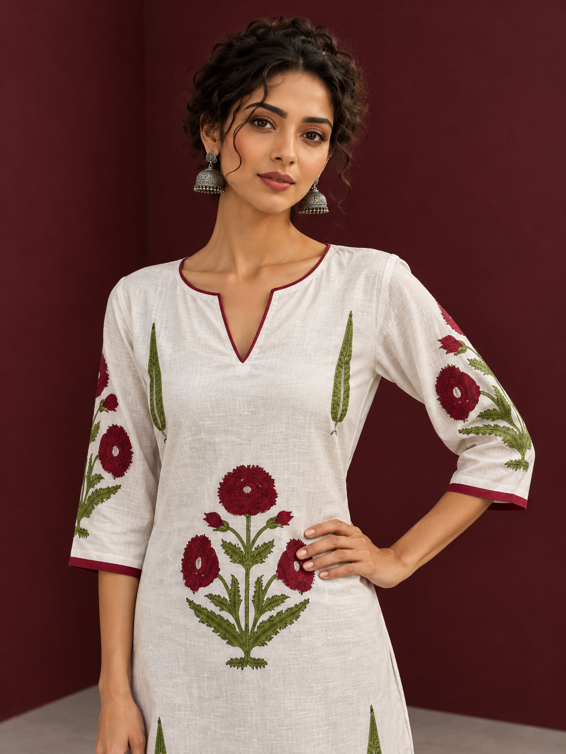 White Cotton Kurta with Hand Block Printed Red Floral Motifs and red Keyhole Neckline Trim — styled view — view 4