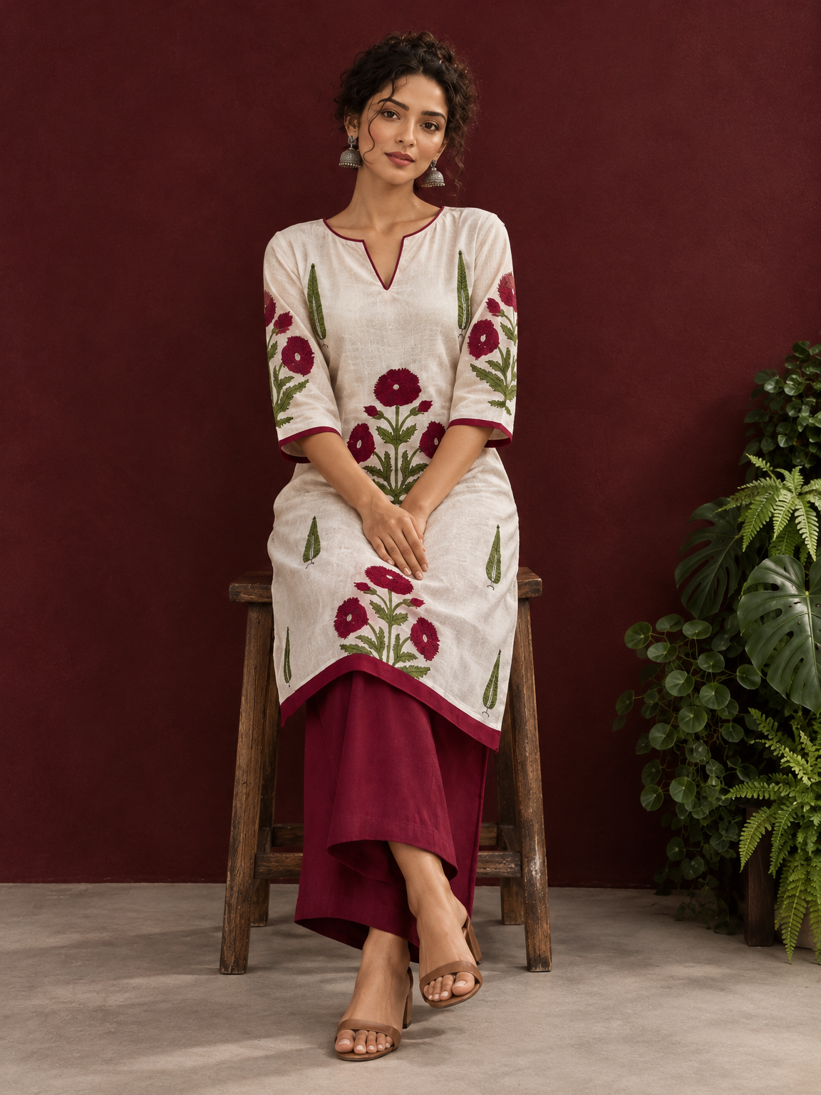 White Cotton Kurta with Hand Block Printed Red Floral Motifs and red Keyhole Neckline Trim — seated — view 6