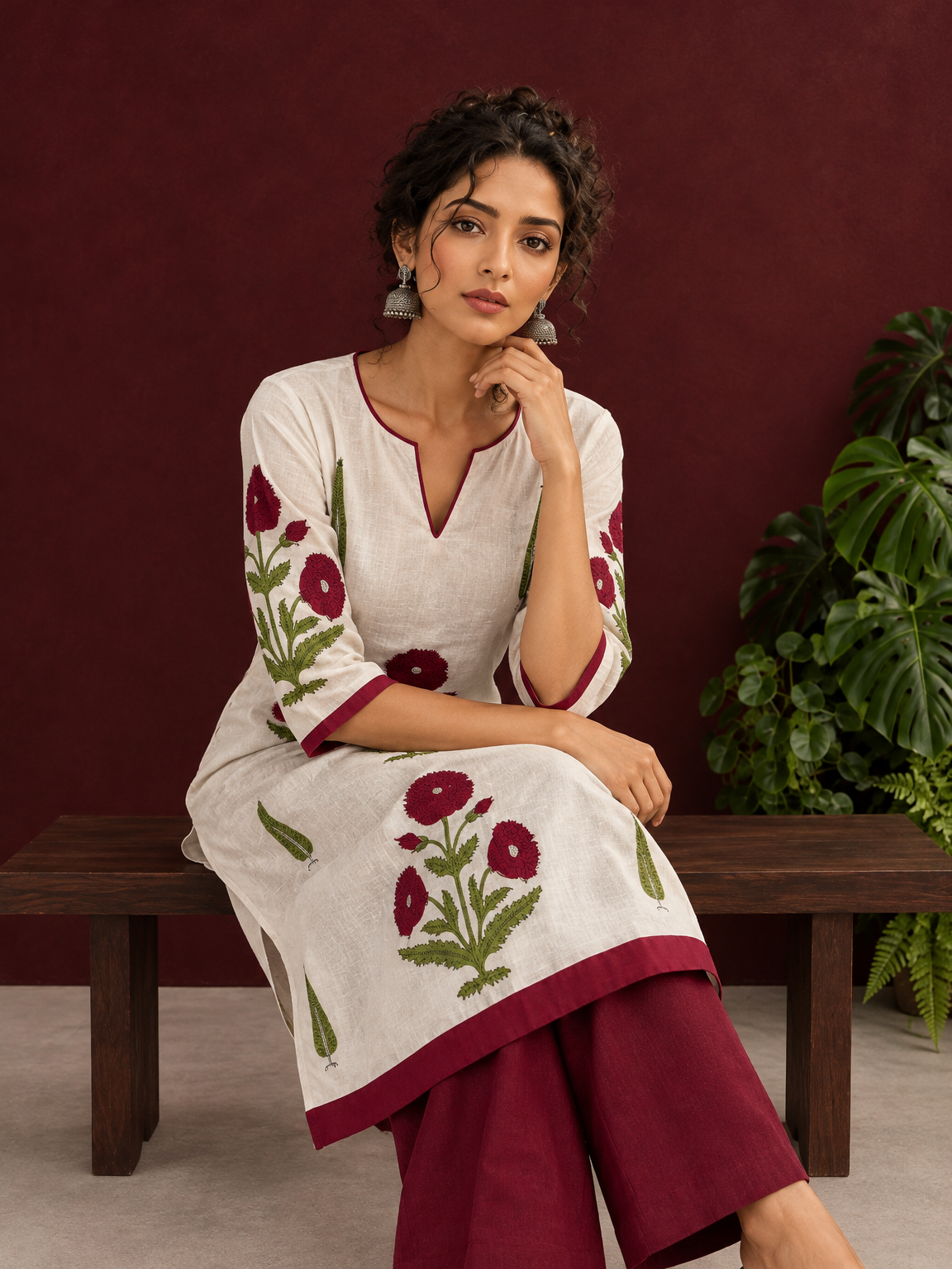 White Cotton Kurta with Hand Block Printed Red Floral Motifs and red Keyhole Neckline Trim — seated detail — view 5