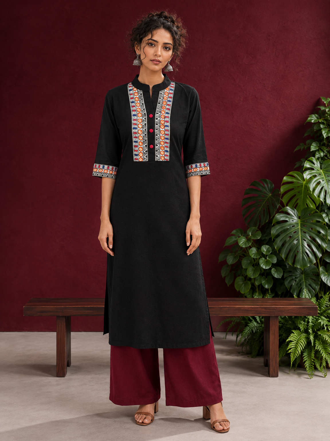 Classic Black Cotton Kurta with hand painted Madhubani neck panels & Matching Sleeve Cuffs — front view — view 4