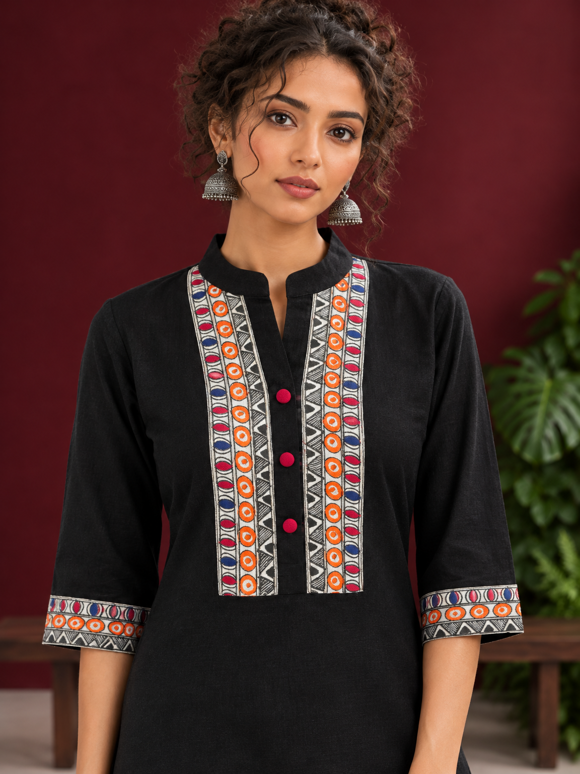 Classic Black Cotton Kurta with hand painted Madhubani neck panels & Matching Sleeve Cuffs — fabric detail — view 3