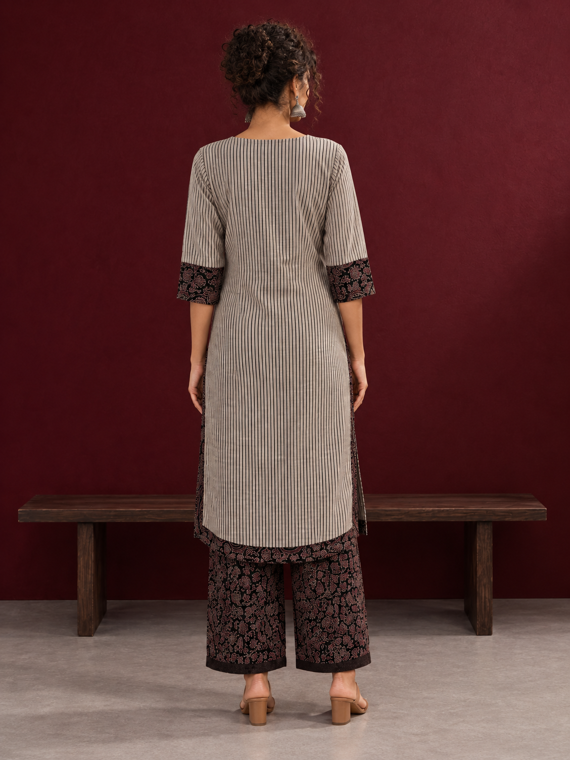 Elegant Beige Ajrakh Striped Cotton Kurta with Contrast Black Floral patch in Neckline & Sleeve Cuffs — back view — view 2