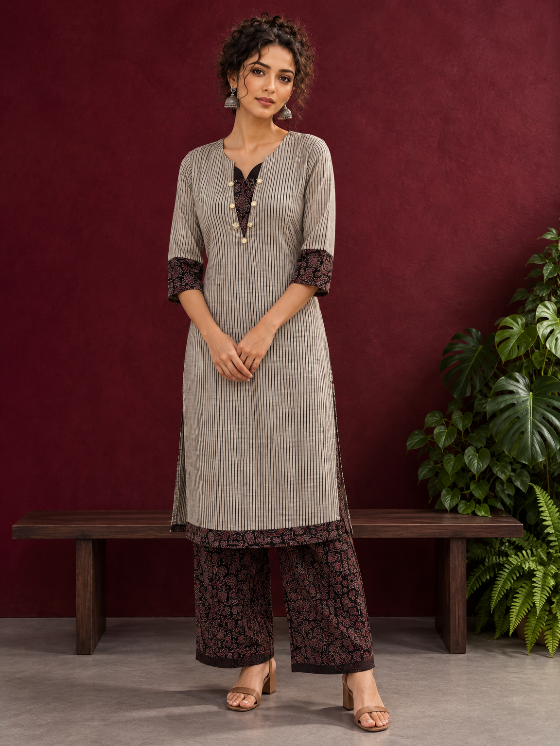 Elegant Beige Ajrakh Striped Cotton Kurta with Contrast Black Floral patch in Neckline & Sleeve Cuffs — front view — view 4