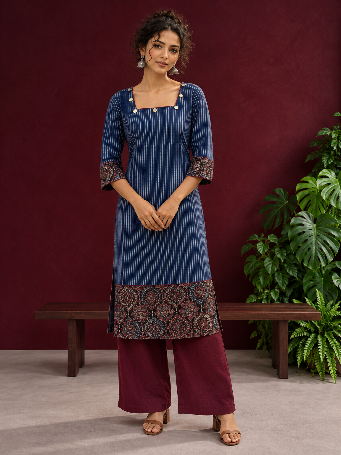 Navy Blue Ajrakh Striped Cotton Kurta with Contrasting Maroon Ajrakh Print Hemline and Sleeve Cuffs — front view