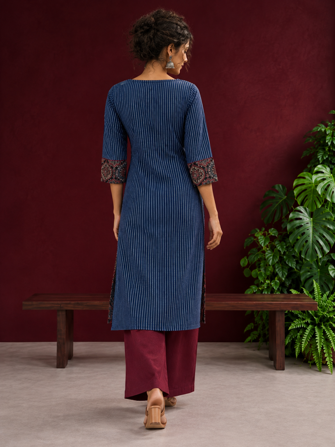 Navy Blue Ajrakh Striped Cotton Kurta with Contrasting Maroon Ajrakh Print Hemline and Sleeve Cuffs — back view — view 2