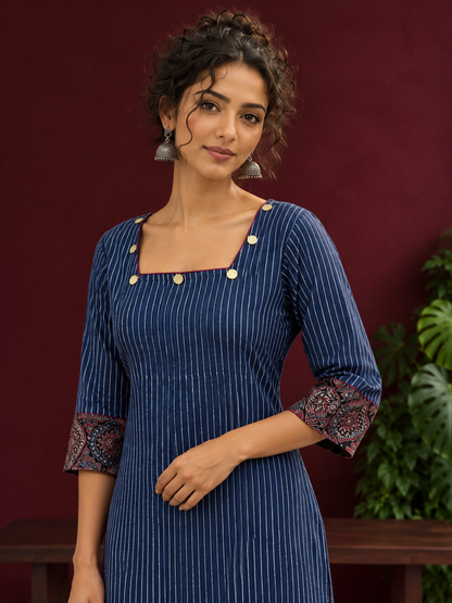 Navy Blue Ajrakh Striped Cotton Kurta with Contrasting Maroon Ajrakh Print Hemline and Sleeve Cuffs — styled view