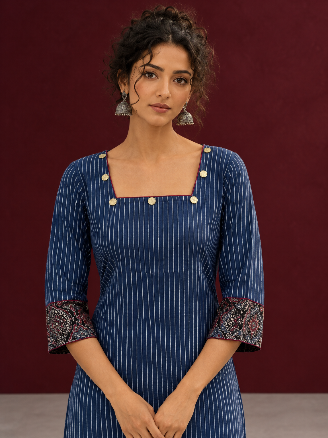 Navy Blue Ajrakh Striped Cotton Kurta with Contrasting Maroon Ajrakh Print Hemline and Sleeve Cuffs — fabric detail — view 3