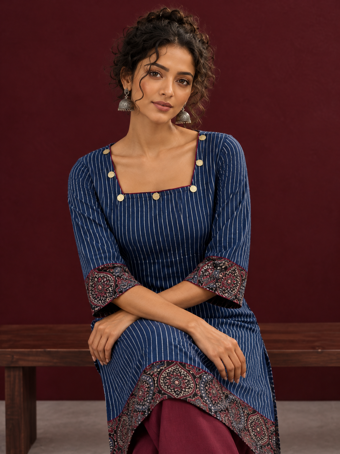 Navy Blue Ajrakh Striped Cotton Kurta with Contrasting Maroon Ajrakh Print Hemline and Sleeve Cuffs — seated detail — view 5