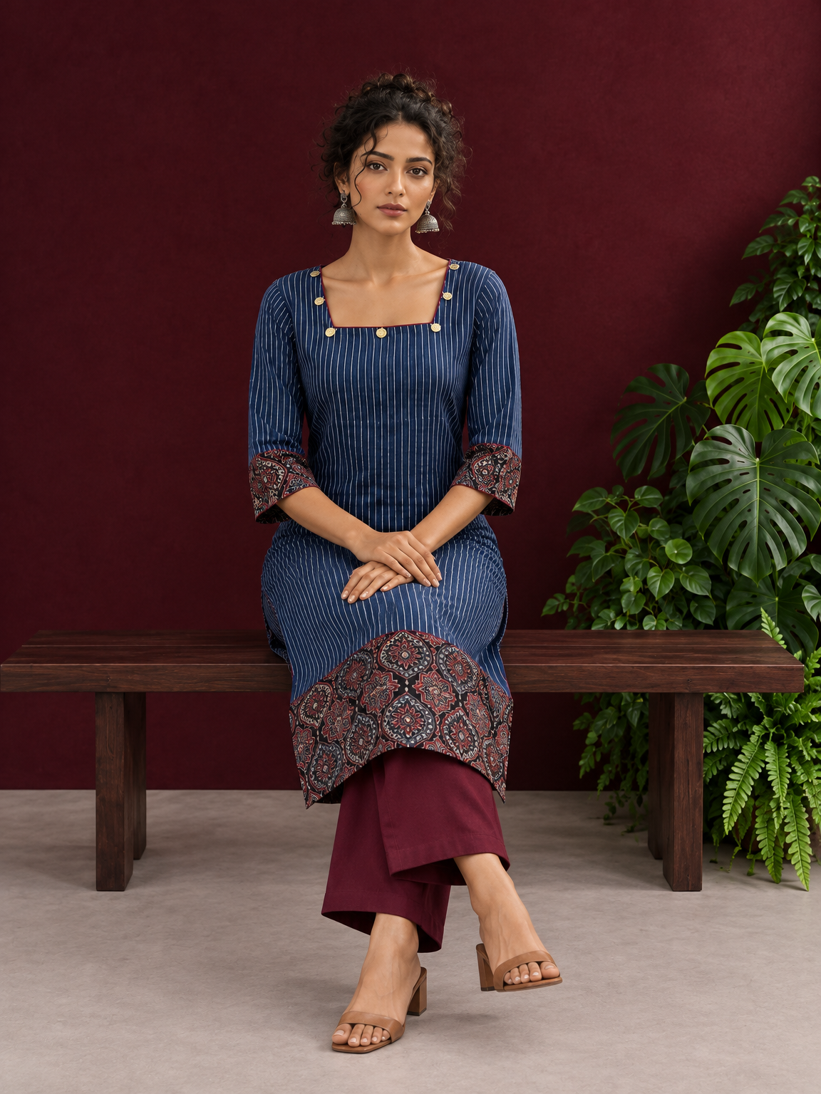 Navy Blue Ajrakh Striped Cotton Kurta with Contrasting Maroon Ajrakh Print Hemline and Sleeve Cuffs — seated — view 6