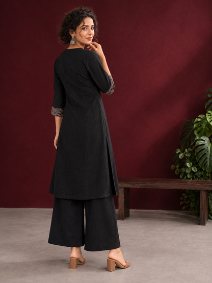 Timeless Black Cotton Kurta with Contrast Beige Ajrakh Printed V-Neck Panel & Matching Sleeve Cuffs — back view