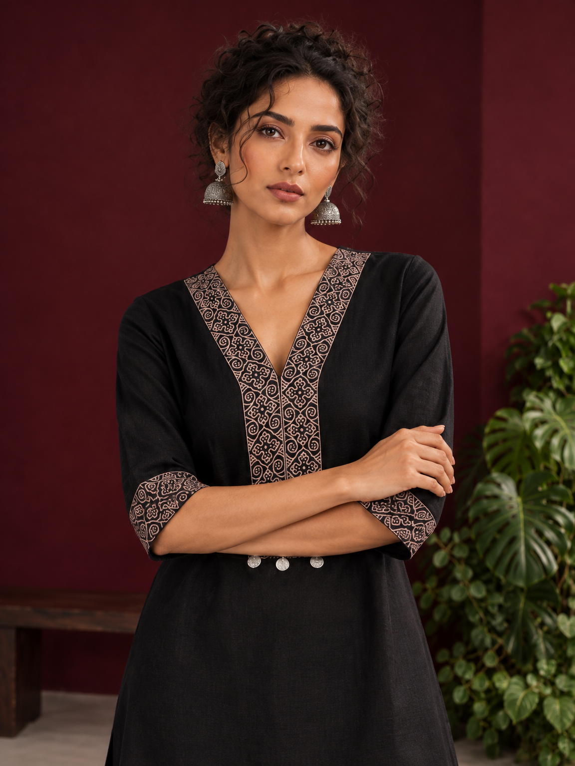 Timeless Black Cotton Kurta with Contrast Beige Ajrakh Printed V-Neck Panel & Matching Sleeve Cuffs — styled view — view 5