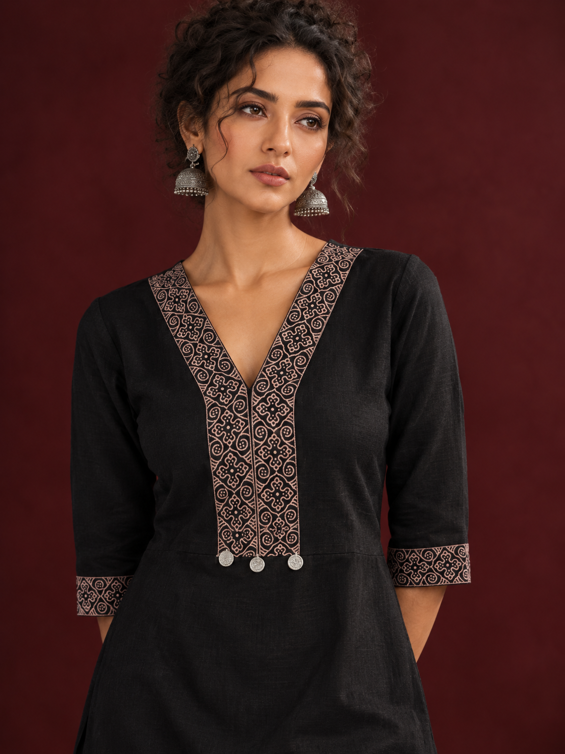 Timeless Black Cotton Kurta with Contrast Beige Ajrakh Printed V-Neck Panel & Matching Sleeve Cuffs — fabric detail — view 3