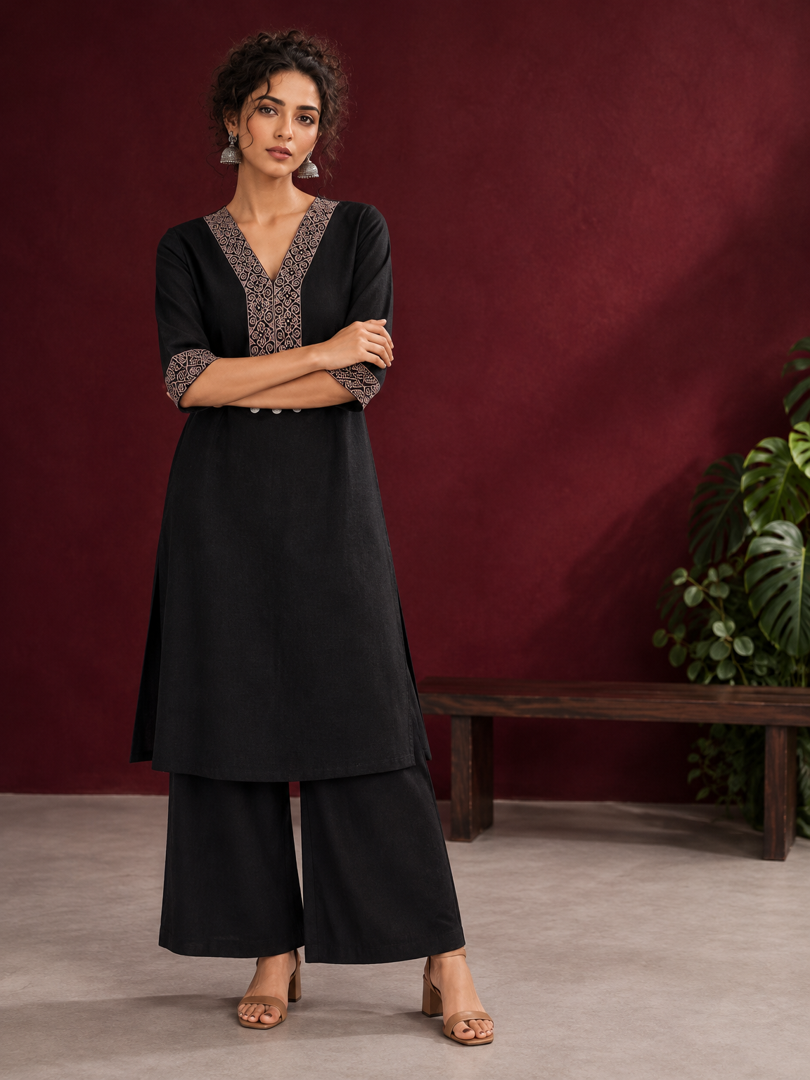 Timeless Black Cotton Kurta with Contrast Beige Ajrakh Printed V-Neck Panel & Matching Sleeve Cuffs — front view — view 4