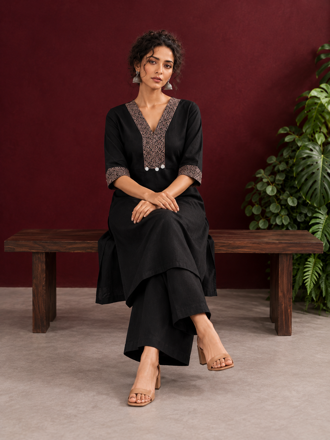 Timeless Black Cotton Kurta with Contrast Beige Ajrakh Printed V-Neck Panel & Matching Sleeve Cuffs