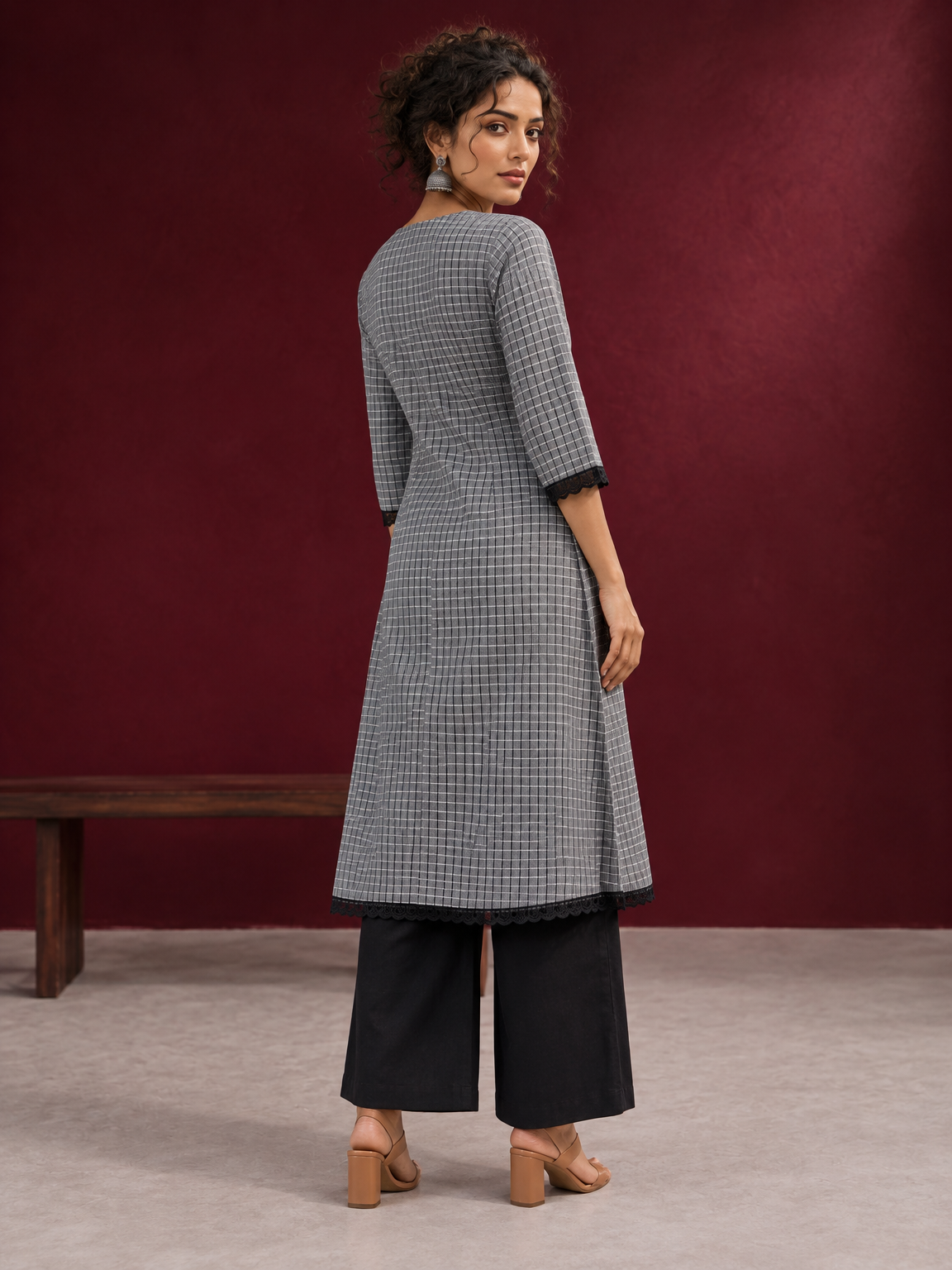 Classic Grey Ikat Checked Cotton Kurta with Black Lace Trim Sleeves and Asymmetric Button Placket — back view — view 2