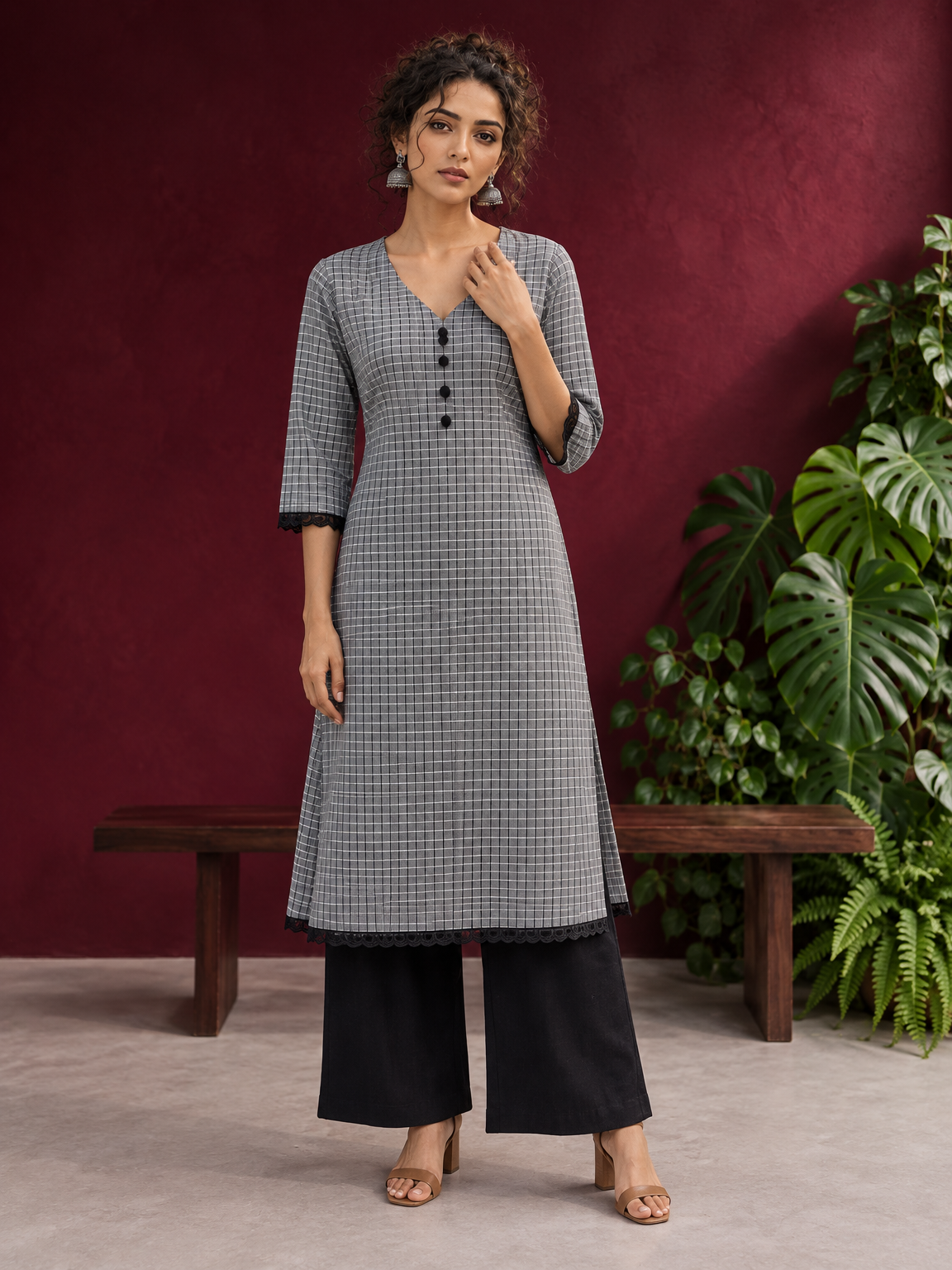 Classic Grey Ikat Checked Cotton Kurta with Black Lace Trim Sleeves and Asymmetric Button Placket