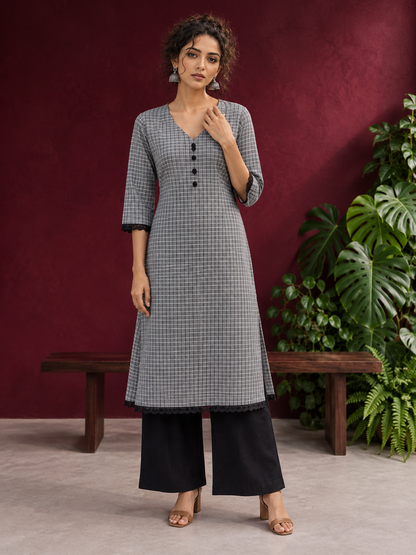 Classic Grey Ikat Checked Cotton Kurta with Black Lace Trim Sleeves and Asymmetric Button Placket — front view