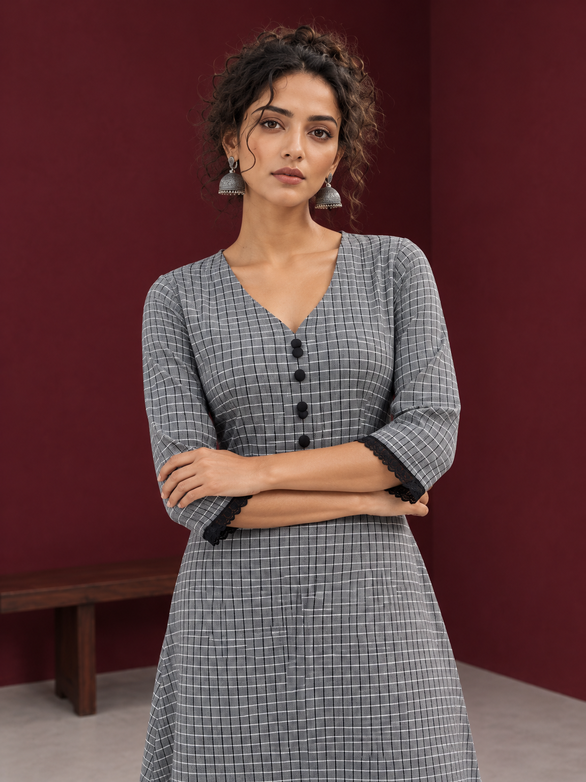 Classic Grey Ikat Checked Cotton Kurta with Black Lace Trim Sleeves and Asymmetric Button Placket — styled view — view 4