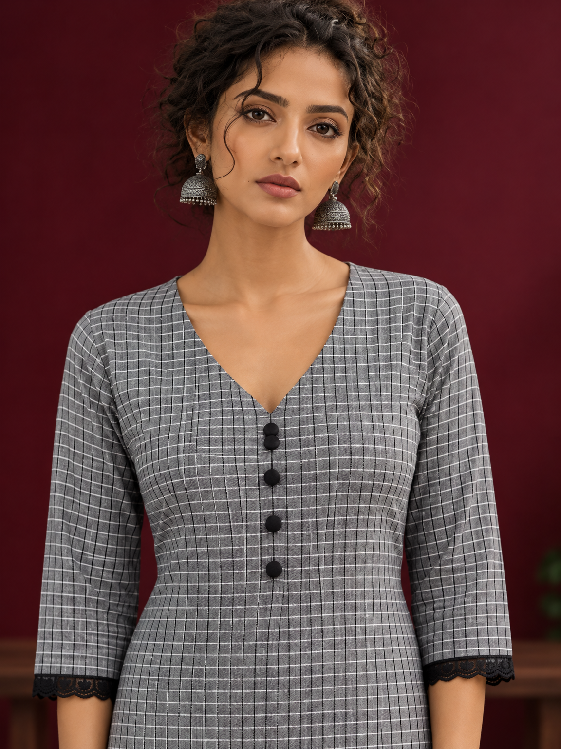 Classic Grey Ikat Checked Cotton Kurta with Black Lace Trim Sleeves and Asymmetric Button Placket — fabric detail — view 3
