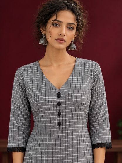 Classic Grey Ikat Checked Cotton Kurta with Black Lace Trim Sleeves and Asymmetric Button Placket — fabric detail