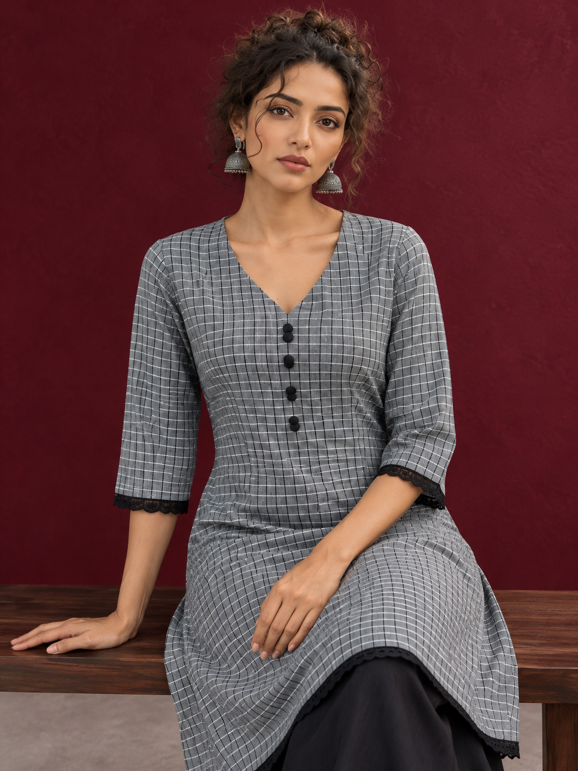 Classic Grey Ikat Checked Cotton Kurta with Black Lace Trim Sleeves and Asymmetric Button Placket — seated detail — view 5