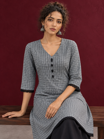 Classic Grey Ikat Checked Cotton Kurta with Black Lace Trim Sleeves and Asymmetric Button Placket — seated detail