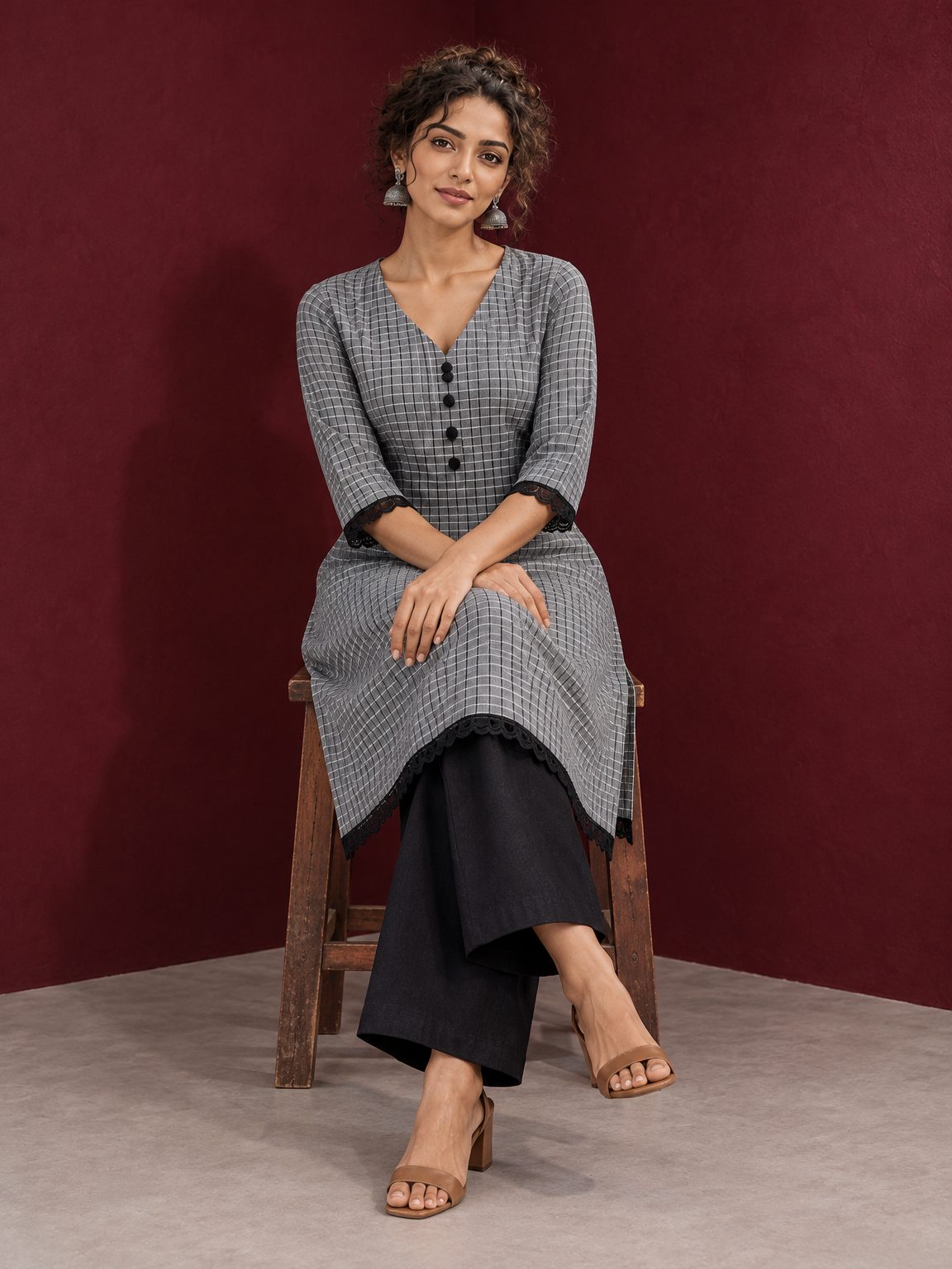 Classic Grey Ikat Checked Cotton Kurta with Black Lace Trim Sleeves and Asymmetric Button Placket — seated — view 6