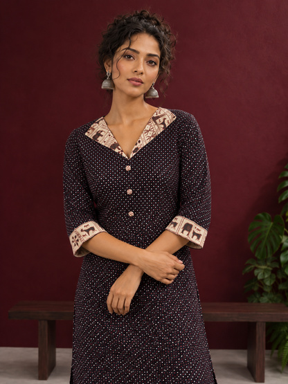 Black Polka Dot Kurta with Ajrakh Printed Beige Collar and Contrast Cuffs — styled view