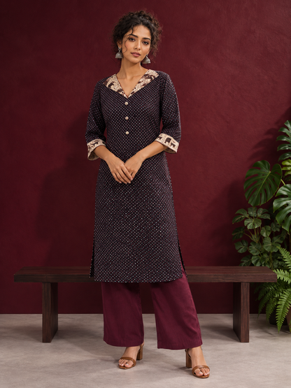 Black Polka Dot Kurta with Ajrakh Printed Beige Collar and Contrast Cuffs — front view