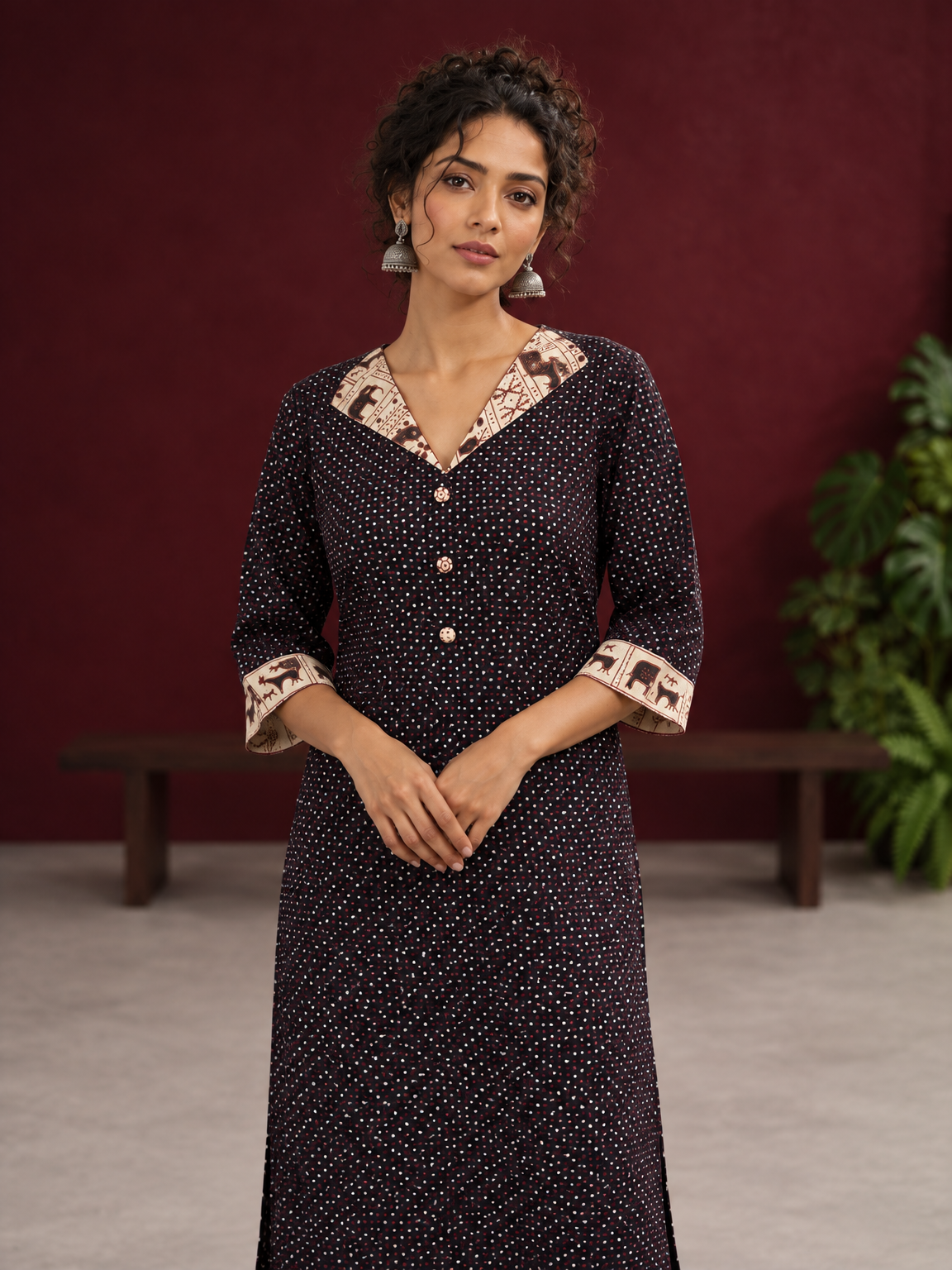 Black Polka Dot Kurta with Ajrakh Printed Beige Collar and Contrast Cuffs — fabric detail — view 3