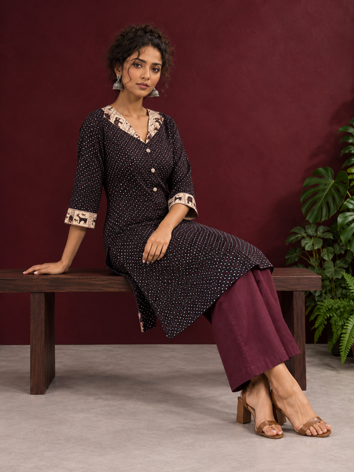 Black Polka Dot Kurta with Ajrakh Printed Beige Collar and Contrast Cuffs — seated — view 6