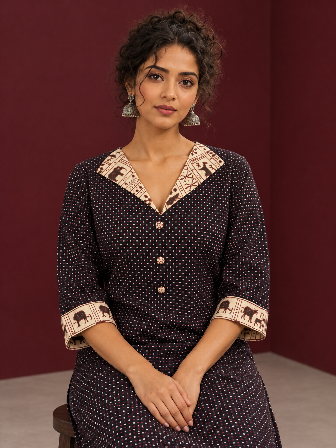 Black Polka Dot Kurta with Ajrakh Printed Beige Collar and Contrast Cuffs — seated detail — view 5