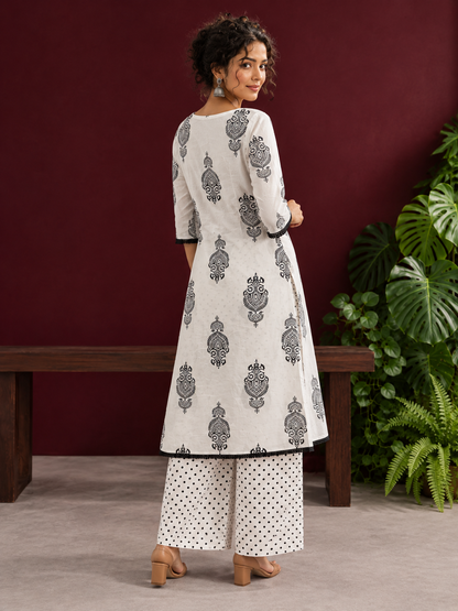 Classic White Cotton Kurta with Black Block Print Motifs, Polka Dot Yoke & Contrast Lace Trim with Matching Polka — back view
