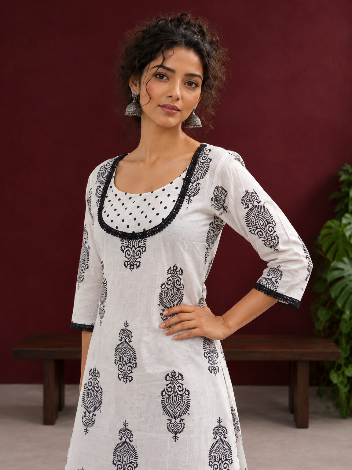Classic White Cotton Kurta with Black Block Print Motifs, Polka Dot Yoke & Contrast Lace Trim with Matching Pol — styled view — view 5